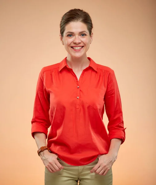 Isolated Portrait Young Modern Smiling Woman Red Shirt — Stock Photo, Image