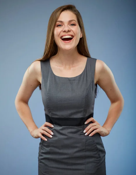 Happy Smiling Business Woman Gray Dress Isolated Portrait — Stock Photo, Image