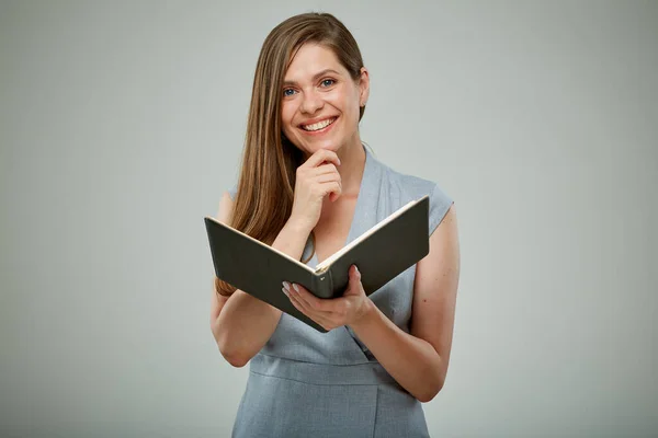 Happy Young Teacher Female Businessperon Book Isolated Portrait Student Girl — Stock Photo, Image