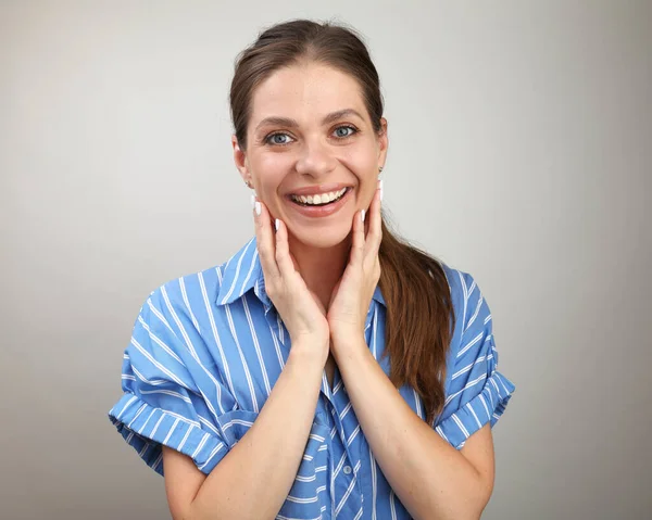 Mujer Feliz Cogida Mano Cerca Rostro Retrato Aislado — Foto de Stock