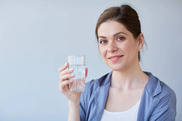 Close Head Shot Smiling Woman Drinking Water — Stock Photo, Image