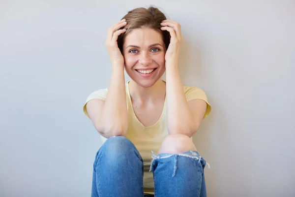 Smiling Resting Woman Sits Her Back Wall Casual Style Clothes — Stock Photo, Image