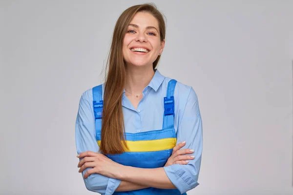 Mujer Sonriente Trabajadora Fontanera Electricista Con Monos Azules —  Fotos de Stock