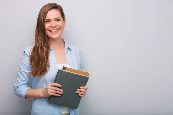 Young Woman Teacher Adult Student Blue Shirt Holding Book Workbook — Stock Photo, Image