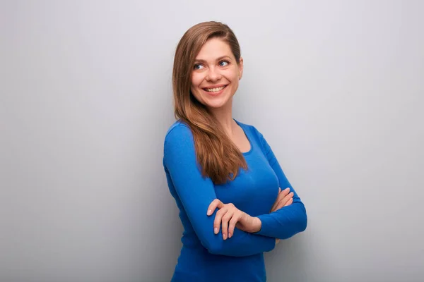 Smiling Woman Isolated Portrait Girl Arms Crossed Looking Back Shoulder — Stock Photo, Image