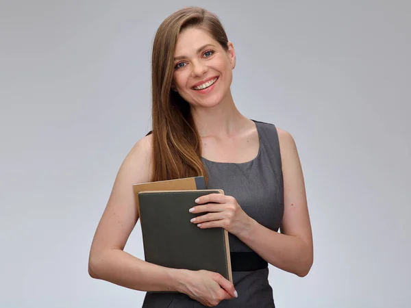 Lächelnde Lehrerin Oder Studentin Grauen Businesskleid Stehend Mit Büchern Isoliertes — Stockfoto