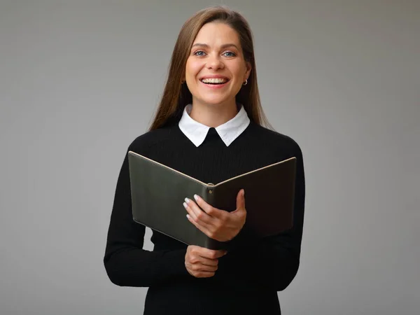 Happy Woman Teacher Student Black Business Suit Holding Book Isolated — Stock Photo, Image