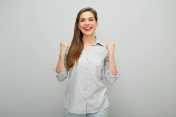 Isto Sucesso Mulher Emocional Feliz Dobra Seu Braço Retrato Feminino — Fotografia de Stock