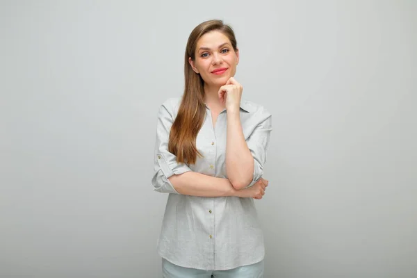 Mujer Sonriente Con Barbilla Mano Retrato Femenino Aislado Pantalones Vestidos — Foto de Stock