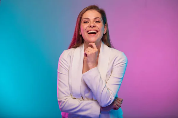 Emocjonalna Kobieta Biznesu Otwartymi Ustami Portret Neonów Światła Efekt Kolorów — Zdjęcie stockowe