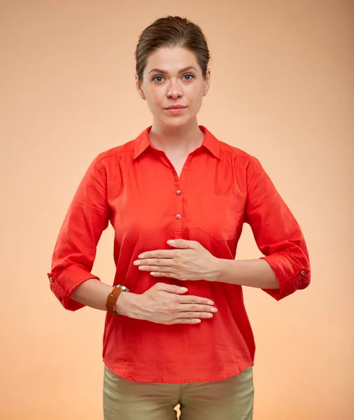 Isolated Portrait Woman Hands Abdomen Menstrual Period Pain — Stock Photo, Image