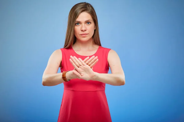Junge Dame Roten Kleid Macht Stop Oder Keine Geste Mit — Stockfoto