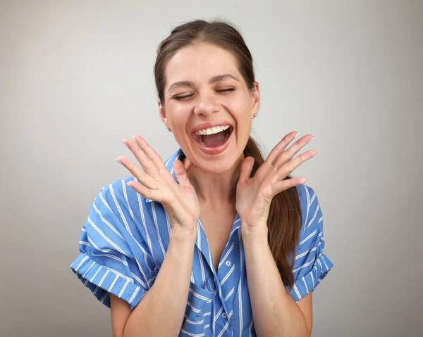 Mujer Feliz Cogida Mano Cerca Rostro Retrato Aislado —  Fotos de Stock