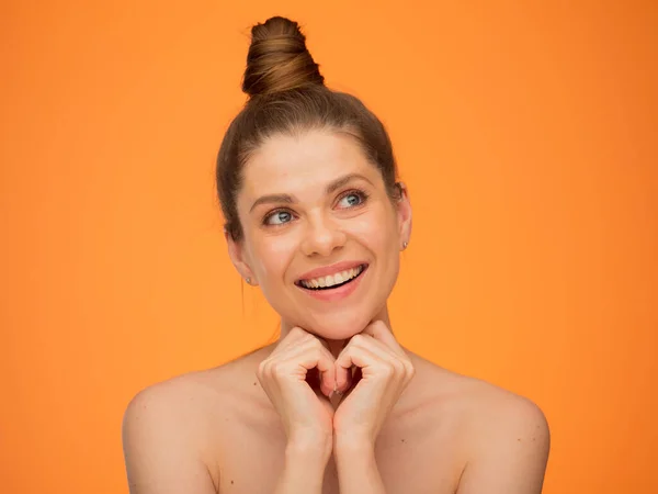 Happy Dreaming Woman Looking Isolated Portrait Orange Back Happy Girl — Stock Photo, Image