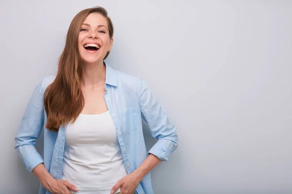Laughing Woman Hands Pockets Isolated Portrait — Stock Photo, Image