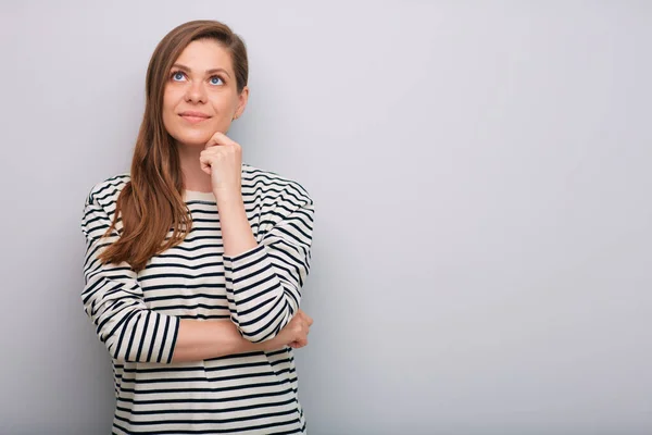 Happy Dreaming Woman Looking Dressed Striped Shirt Isolated Portrait — Stock Photo, Image