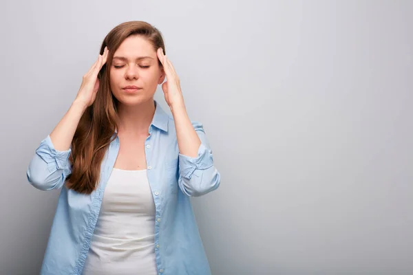 Isolated Woman Headache Hands Head Female Portrait Closed Eyes Blue — Stock Photo, Image