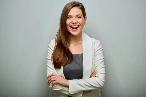 Smiling business woman in white suit isolated portrait.