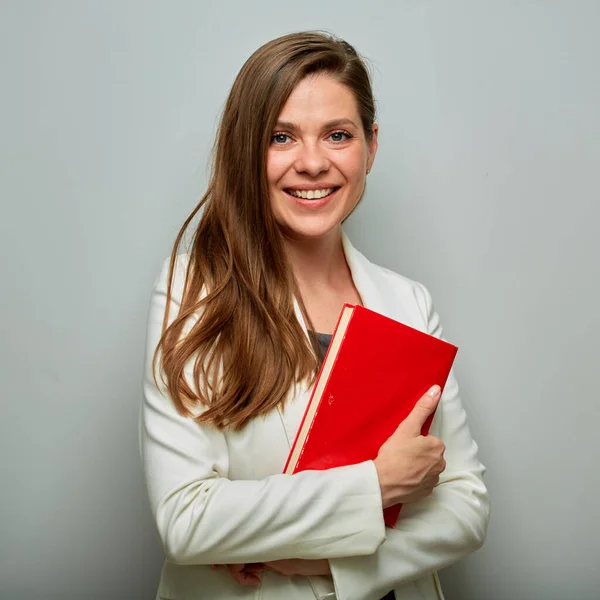 Accountant woman with red book isolated portrait.