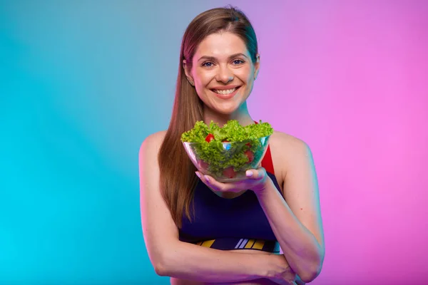 Smiling Sporty Woman Sportswear Green Salad Glass Bowl Female Fitness — Stock Photo, Image