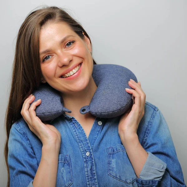 Smiling Woman Travel Neck Pillow Isolated Portrait — Stock Photo, Image