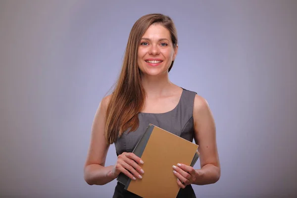 Vrouwelijke Leraar Volwassene Student Met Boek Werkboek Lachende Zakenman Geïsoleerd — Stockfoto