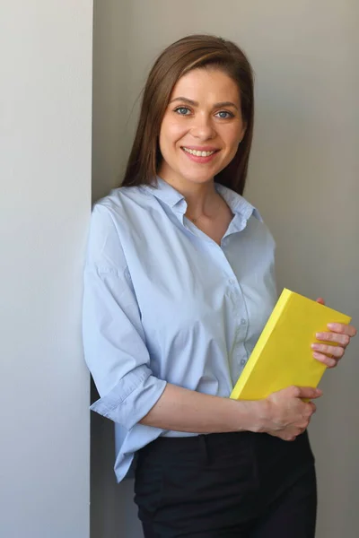 Teacher Woman Portrait Yellow Book Isolated — Stock Photo, Image