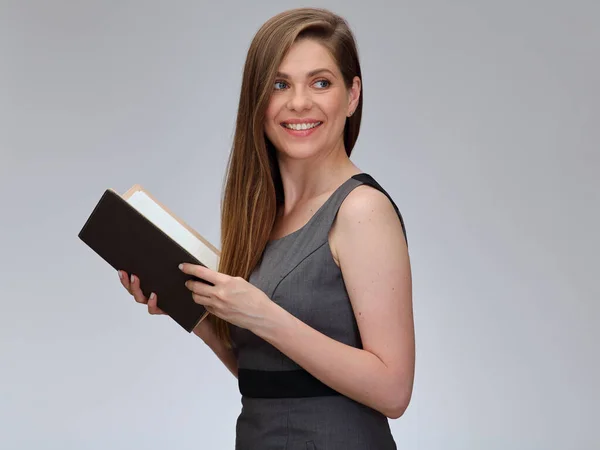 Professora Sorridente Estudante Mulher Vestido Negócios Cinza Lateralmente Com Livro — Fotografia de Stock
