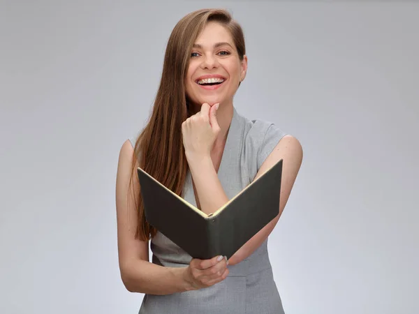 Gelukkige Lachende Lerares Zakenvrouw Student Met Open Boek Het Aanraken — Stockfoto