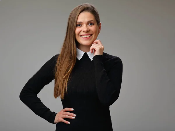 Glimlachende Vrolijke Zakenvrouw Zwart Pak Met Witte Kraag Staande Met — Stockfoto