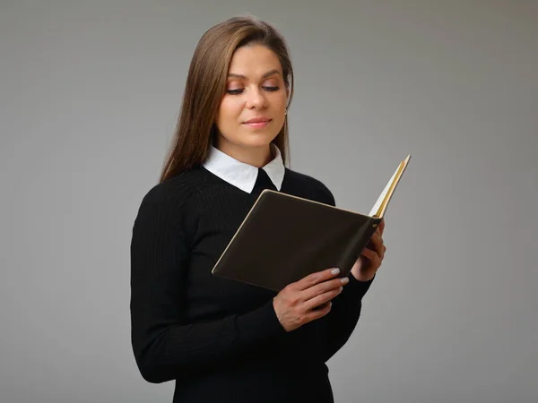 Serious Woman Teacher Student Black Business Suit White Collar Reading — Stock Photo, Image