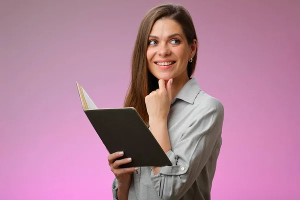 Smiling Teacher Woman Holding Book Looking Away Isolated Portrait — Stock Photo, Image