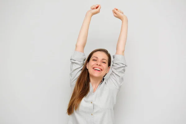 Joyeux Sourire Femme Tenant Main Vers Haut Portrait Féminin Isolé — Photo