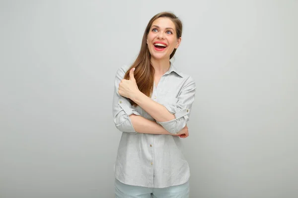 Thumb Smiling Woman Looking Isolated Female Portrait Young Lady Dressed — Stock Photo, Image