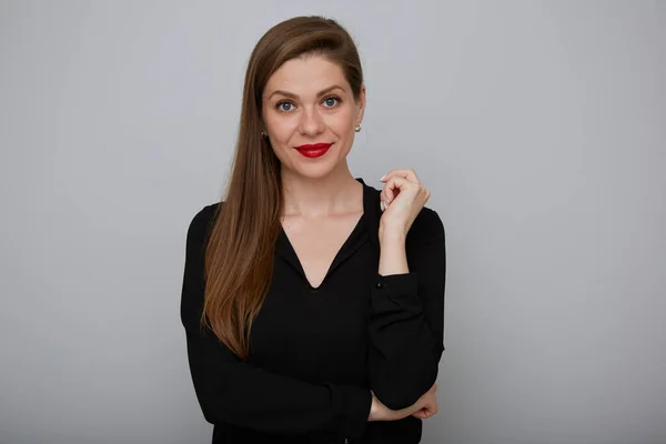 Mujer Negocios Sonriente Con Camisa Negra Retrato Femenino Aislado — Foto de Stock