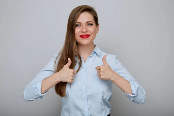 Glimlachende Zakenvrouw Tonen Duimen Omhoog Geïsoleerd Vrouwelijk Portret Meisje Met — Stockfoto