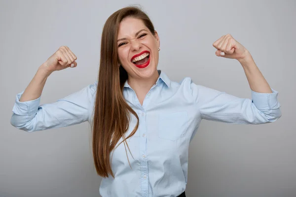 Γυναικεία Δύναμη Έννοια Ευτυχισμένη Συναισθηματική Επιχειρηματική Γυναίκα Λυγίζει Χέρια Της — Φωτογραφία Αρχείου