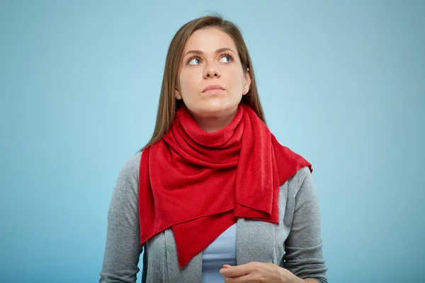 Woman Serious Looking Isolated Studio Portrait Red Winter Scarf — Stock Photo, Image