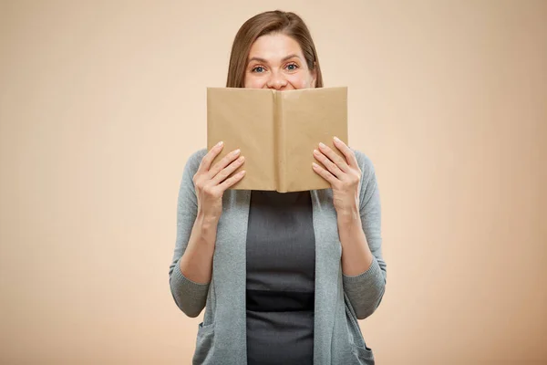 Woman Teacher Student Covered Her Face Open Book Isolated Female — Stock Photo, Image