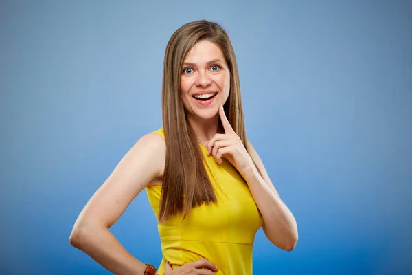 Happy Thinking Young Lady Yellow Dress Touching Her Face Isolated — Stock Photo, Image