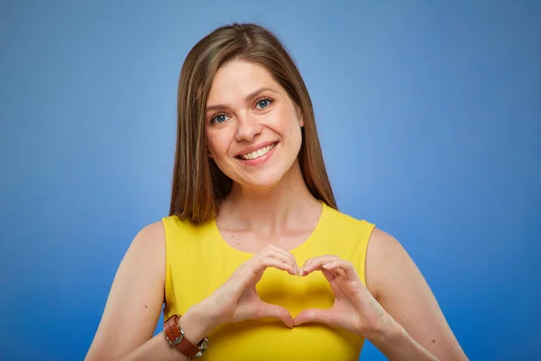 Woman Smiling Doing Heart Gesture Fingers Isolated Female Portrait Blue — Stock Photo, Image
