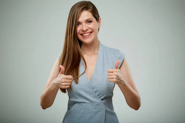 Feliz Gesto Éxito Mujer Pulgares Hacia Arriba Retrato Femenino Aislado — Foto de Stock