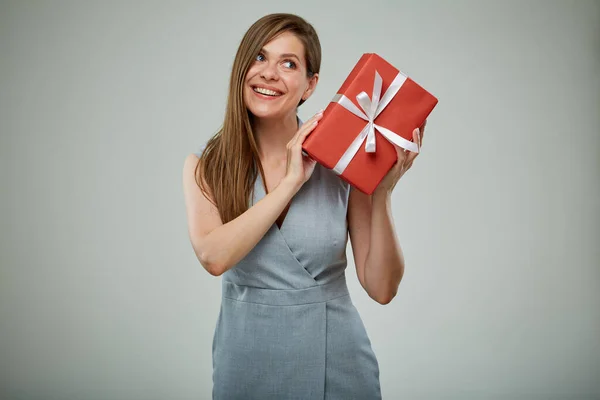 Smiling Girl Holding Gift Box Isolated Female Portrait — Stock Photo, Image