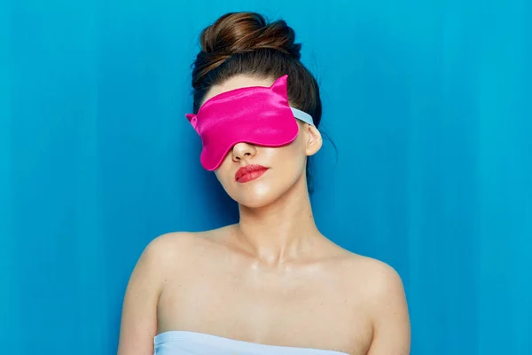 Woman Bun Hairstyle Pink Sleep Mask Isolated Blue Wall Background — Stock Photo, Image