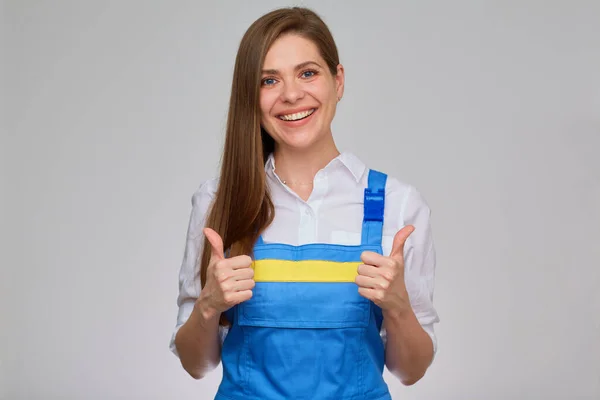 Mulher Macacão Azul Fazer Dois Polegares Para Cima Menina Feliz — Fotografia de Stock