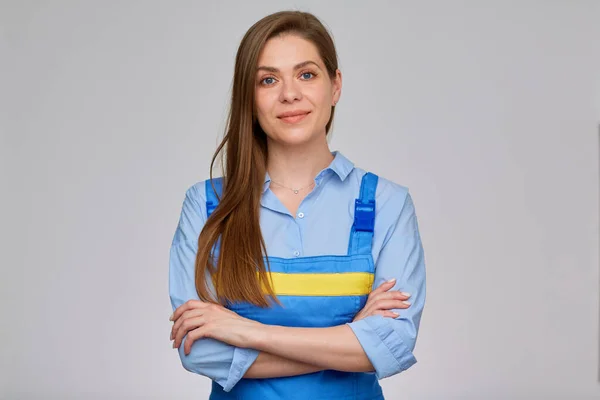 Mulher Sorrindo Encanador Trabalhador Elictricista Macacão Azul Com Listra Amarela — Fotografia de Stock