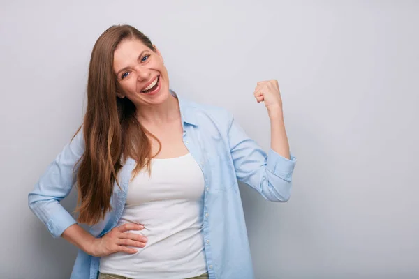 Smiling Woman Bends Her Hand Isolated Portrait Blue White Shirt — Stock Photo, Image