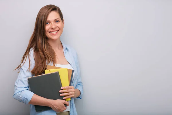 Smiling Woman Teacher Student Holding Book Workbook Isolated Portrait — Stock Photo, Image