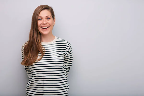 Feliz Rindo Isolado Mulher Retrato Camisa Listrada — Fotografia de Stock