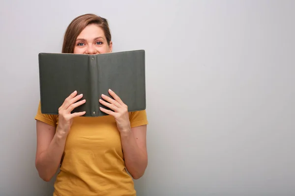 Student Woman Cover Half Face Book Isolated Portrait Gray Wall — Stock Photo, Image